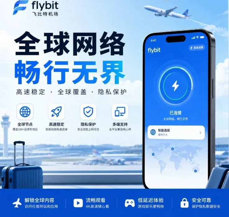 FlyBit 机场品牌主视觉：以机场航站楼比喻线路节点，与同名的数字资产交易平台无关